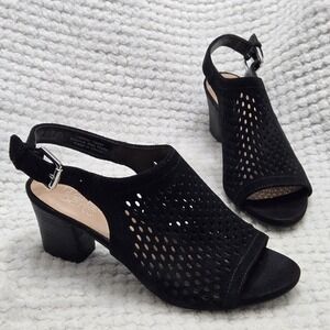 Franco Sarto Sandal‎ Womens 5.5M Black  Slingback Perforated Open Toe Block Heel